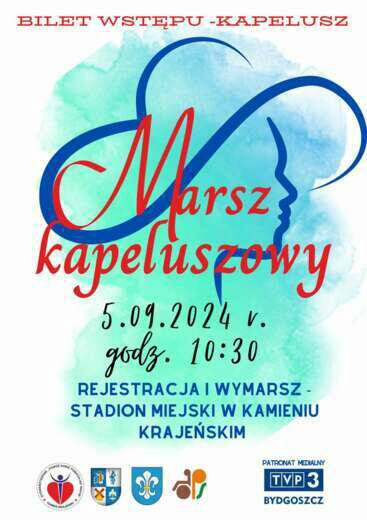 VII Marsz Kapeluszowy Seniorów dane wydarzenia w tle zarys kobiety z kapeluszem na głowie