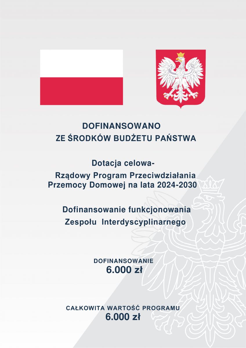 Grafika informacyjna dotycząca dofinansowania ze środk&oacute;w budżetu państwa. W g&oacute;rnej części znajduje się flaga Polski oraz&nbsp;godło Rzeczypospolitej Polskiej. Poniżej widnieje napis: &bdquo;Dofinansowano ze środk&oacute;w budżetu państwa&rdquo;.