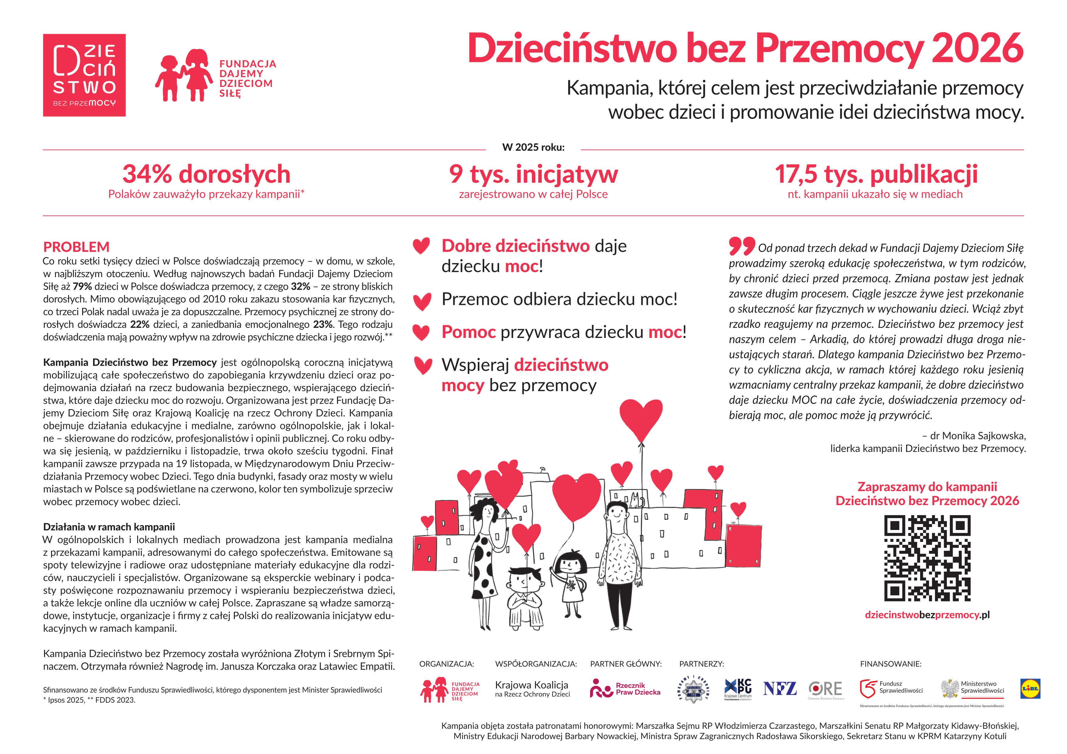 Infografika kampanii &bdquo;Dzieciństwo bez Przemocy 2026&rdquo; organizowanej przez Fundację Dajemy Dzieciom Siłę. Na g&oacute;rze znajdują się logotypy kampanii i&nbsp;fundacji oraz&nbsp;hasło: &bdquo;Kampania, kt&oacute;rej celem jest przeciwdziałanie przemocy wobec dzieci i&nbsp;promowanie idei dzieciństwa mocy&rdquo;.