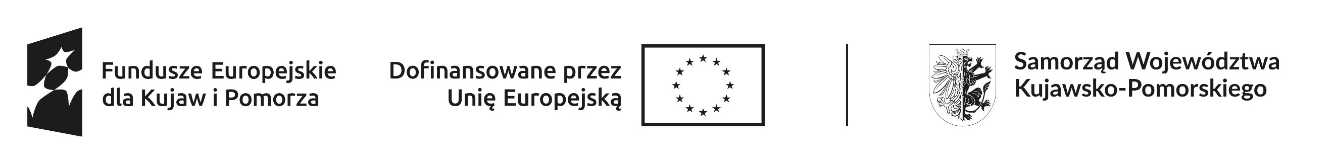  Trzy czarno‑białe logotypy ułożone poziomo. Od lewej: &bdquo;Fundusze Europejskie dla Kujaw i&nbsp;Pomorza&rdquo; z&nbsp;abstrakcyjnym symbolem człowieka i&nbsp;gwiazdy, pośrodku flaga Unii Europejskiej z&nbsp;napisem &bdquo;Dofinansowane przez Unię Europejską&rdquo;, a&nbsp;po prawej herb z&nbsp;lwem i&nbsp;orłem oraz&nbsp;napis &bdquo;Samorząd Wojew&oacute;dztwa Kujawsko‑Pomorskiego&rdquo;.