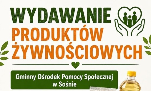 Plakat informacyjny o wydawaniu żywności przez GOPS Sośno, przedstawiający pudełko z produktami spożywczymi oraz dane wydarzenia: miejsce – Remiza OSP Sośno, termin – 25.06.2026, godziny – 12:00–14:00, z logotypami Funduszy Europejskich i Unii Europejskie