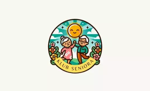 Logo Klubu Seniora. Starsza para tańcząca w ogrodzie nad nimi uśmiechnięte słońce