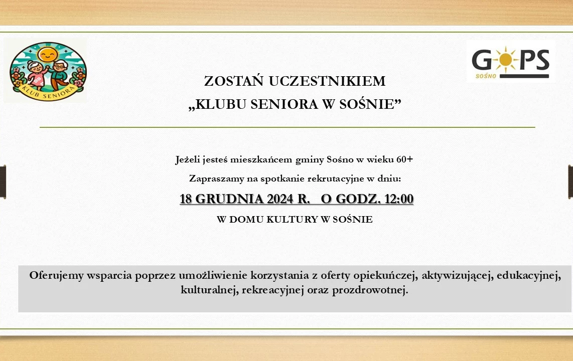 Zdjęcie do Zostań uczestnikiem&nbsp;&bdquo;KLUBU SENIORA W SOŚNIE&rdquo;