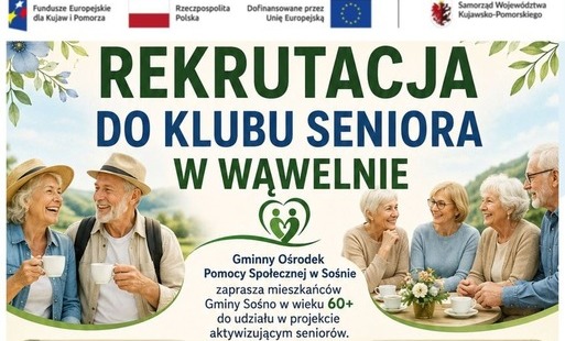 Plakat rekrutacyjny Klubu Seniora w Wąwelnie przedstawiający uśmiechniętych seniorów siedzących przy stole i pijących kawę. Wokół znajdują się kolorowe ikony symbolizujące zajęcia oferowane w projekcie, takie jak florystyka, warsztaty zdrowego stylu życia