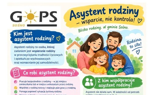Kolorowy plakat informacyjny GOPS Sośno przedstawiający uśmiechniętą rodzinę oraz ikony instytucji współpracujących. Zawiera hasło „Asystent rodziny – wsparcie, nie kontrola!” oraz szczegółowy opis roli, zadań i współpracy asystenta rodziny, wraz z danymi kontaktowymi ośrodka.