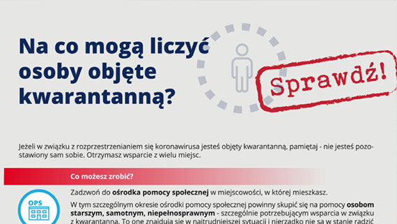 Plakat informacyjny mówiący na jaką pomoc mogą liczyć osoby objęte kwarantanną