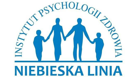 Niebieski napis na białym tle "Niebieska Linia" na środku rodzina z dziećmi powyżej napis Instytut Psychologii Zdrowia