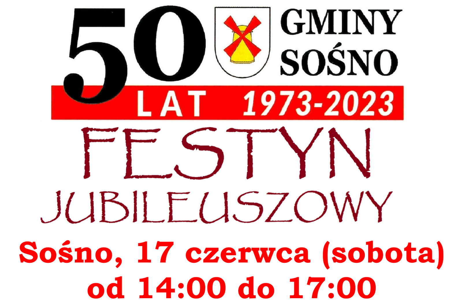 50 lat Gminy Sośno – Festyn Jubileuszowy.  Plakat z informacją o możliwości skorzystania z namiotu profilaktycznego.