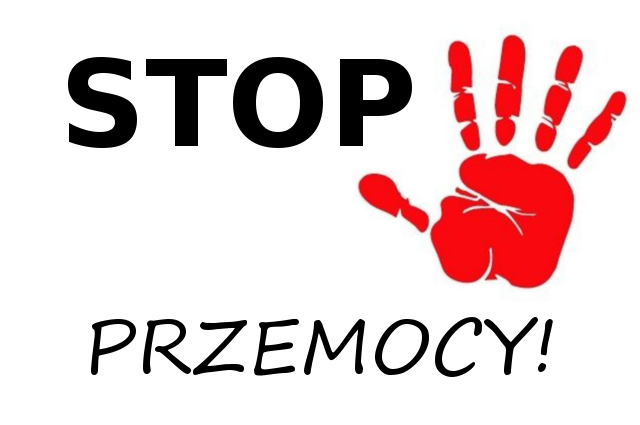 Po lewej czarny napis Stop Przemocy po prawej czerwona grafika dłoni
